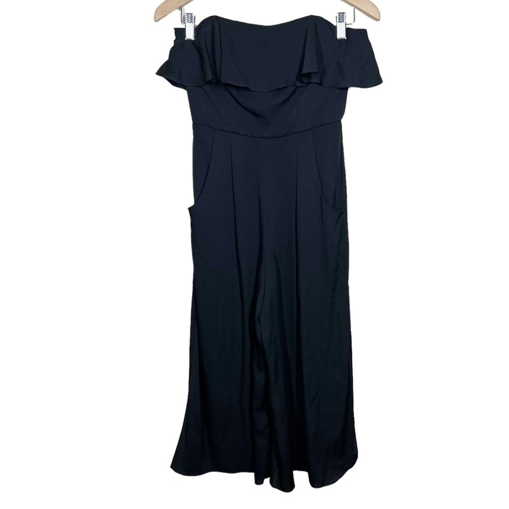 Milly Womens Black Flutter Strapless Cropped Silk Wide Leg Jumpsuit Size 0